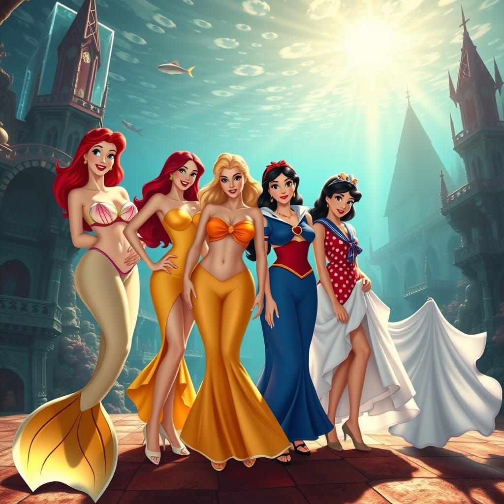 Disney Princesses in 1950s Pin-Up Style Pose in Atlantis Hyp...