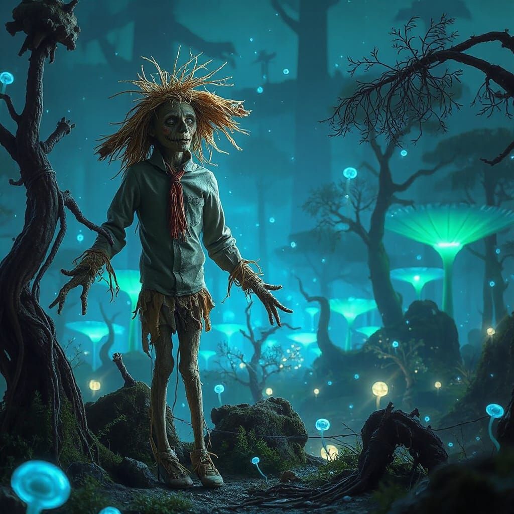 Scarecrow in Bioluminescent Alien Forest at Twilight