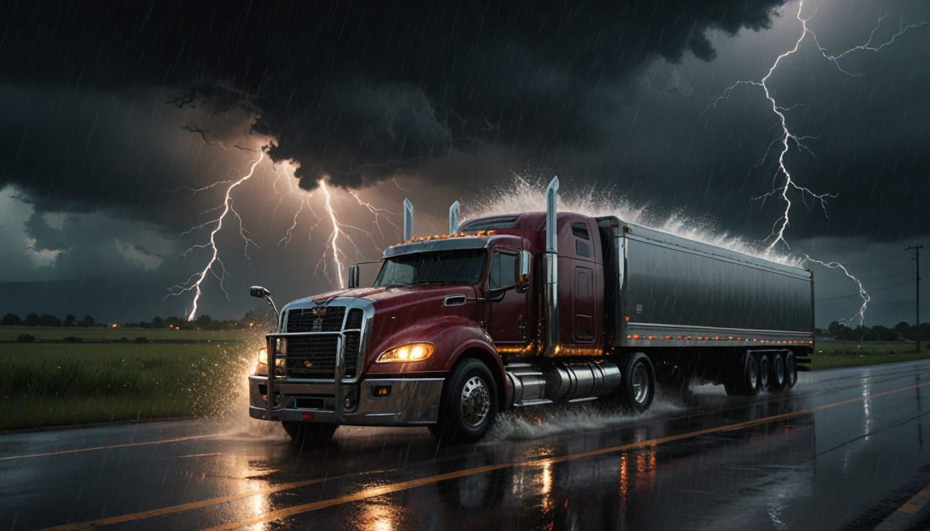 Semi Truck Navigates Fierce Storm in Photorealistic Style