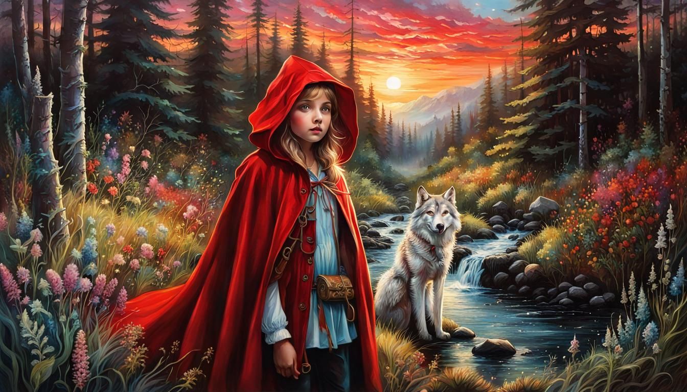 Little Red Riding Hood Walks Wolf in Forest, Pastel Art