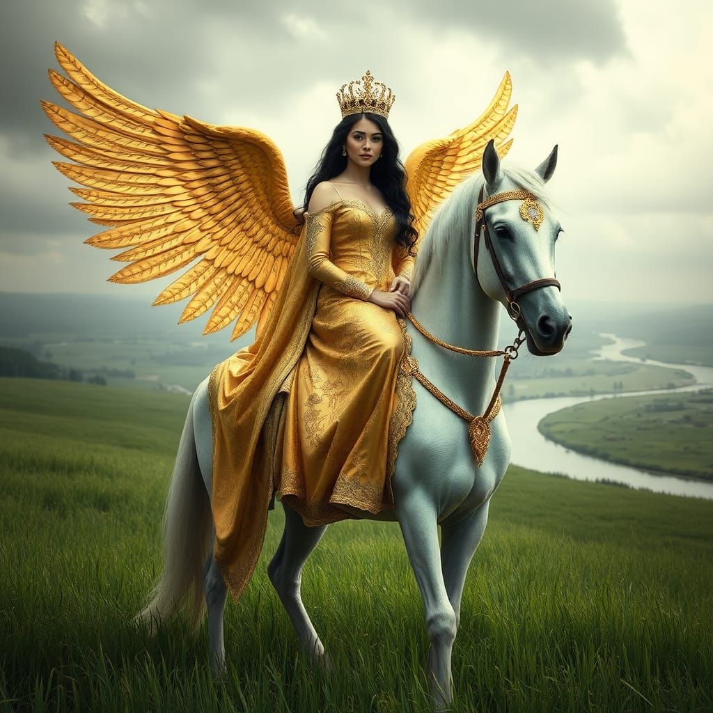 Woman on Winged Horse in Emerald Meadow