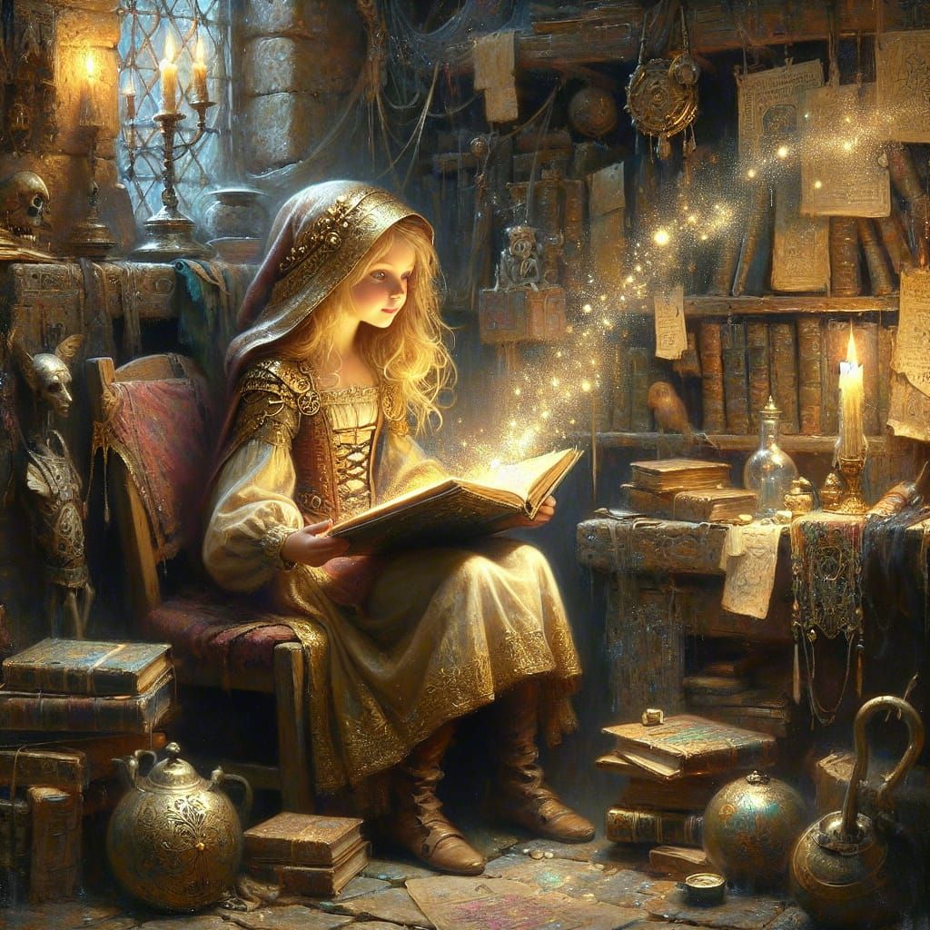 Medieval Girl Reading Magical Book: Fantasy Oil Painting