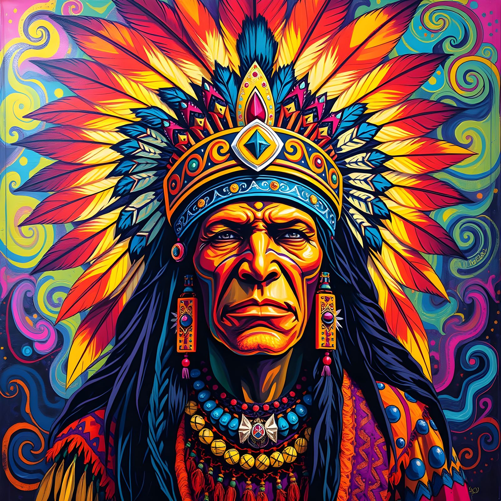 Native American Shaman in Vibrant Psychedelic Art