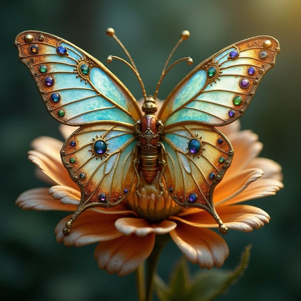Steampunk Ladybug with Gemstone Wings Amidst Clockwork Bloom