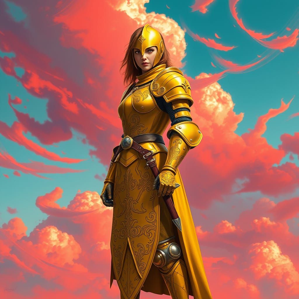 Majestic Female Knight in Shimmering Yellow Armor