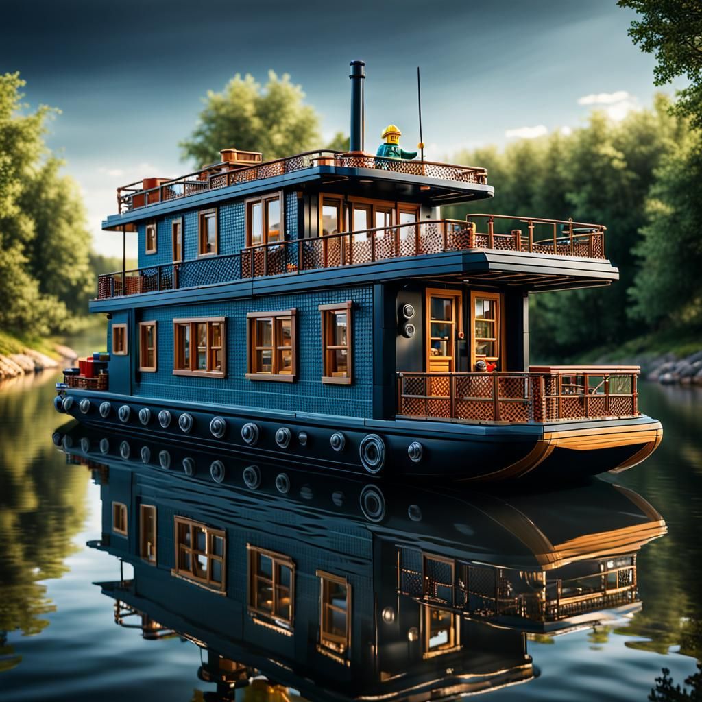 Lego houseboat ona a beautiful calm river