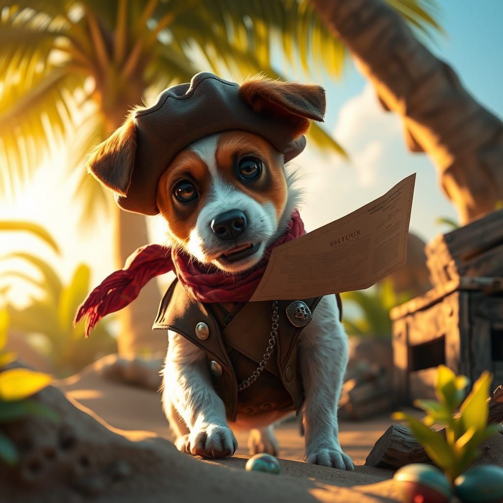 A Jack Russell Dog pirate searching for buried treasure with a map.”