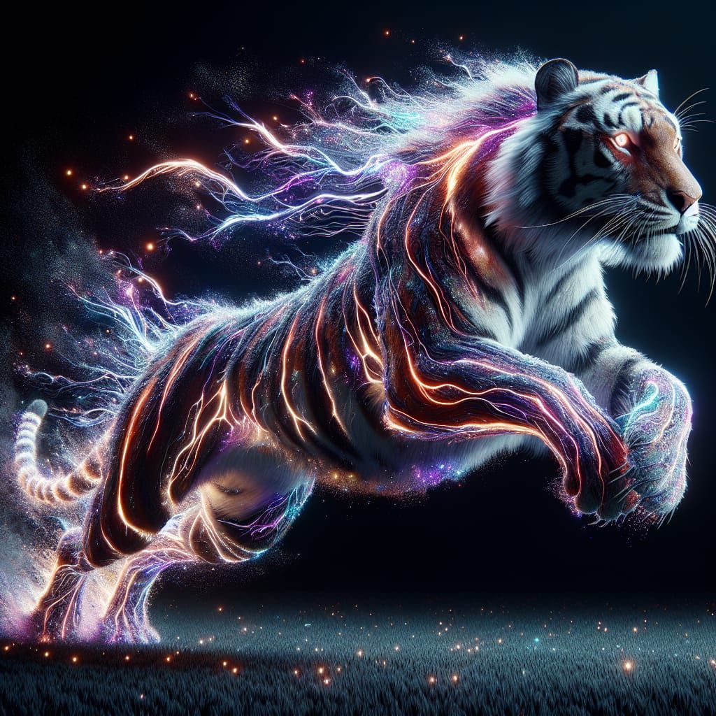 Energetic Tiger Runs, Disintegrating into Magical Smoke