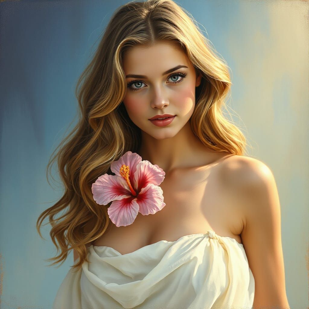 Romantic Portrait of Woman with Hibiscus Flower