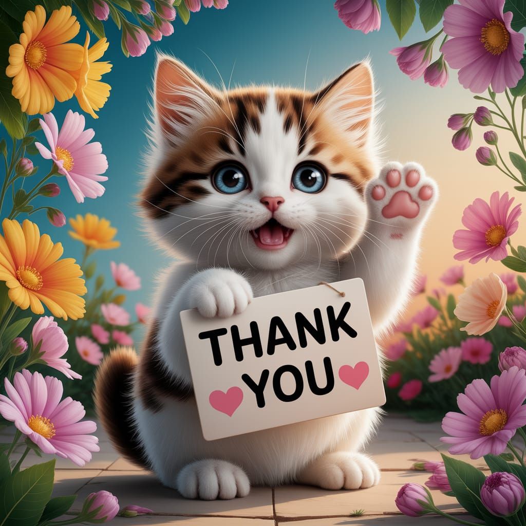 Fluffy Kitten Holds Thank You Sign in Floral Scene