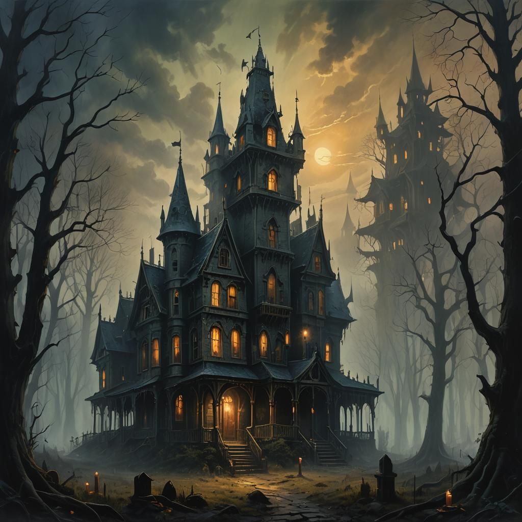 Haunted House in Misty Forest: Dark Fantasy Oil Painting