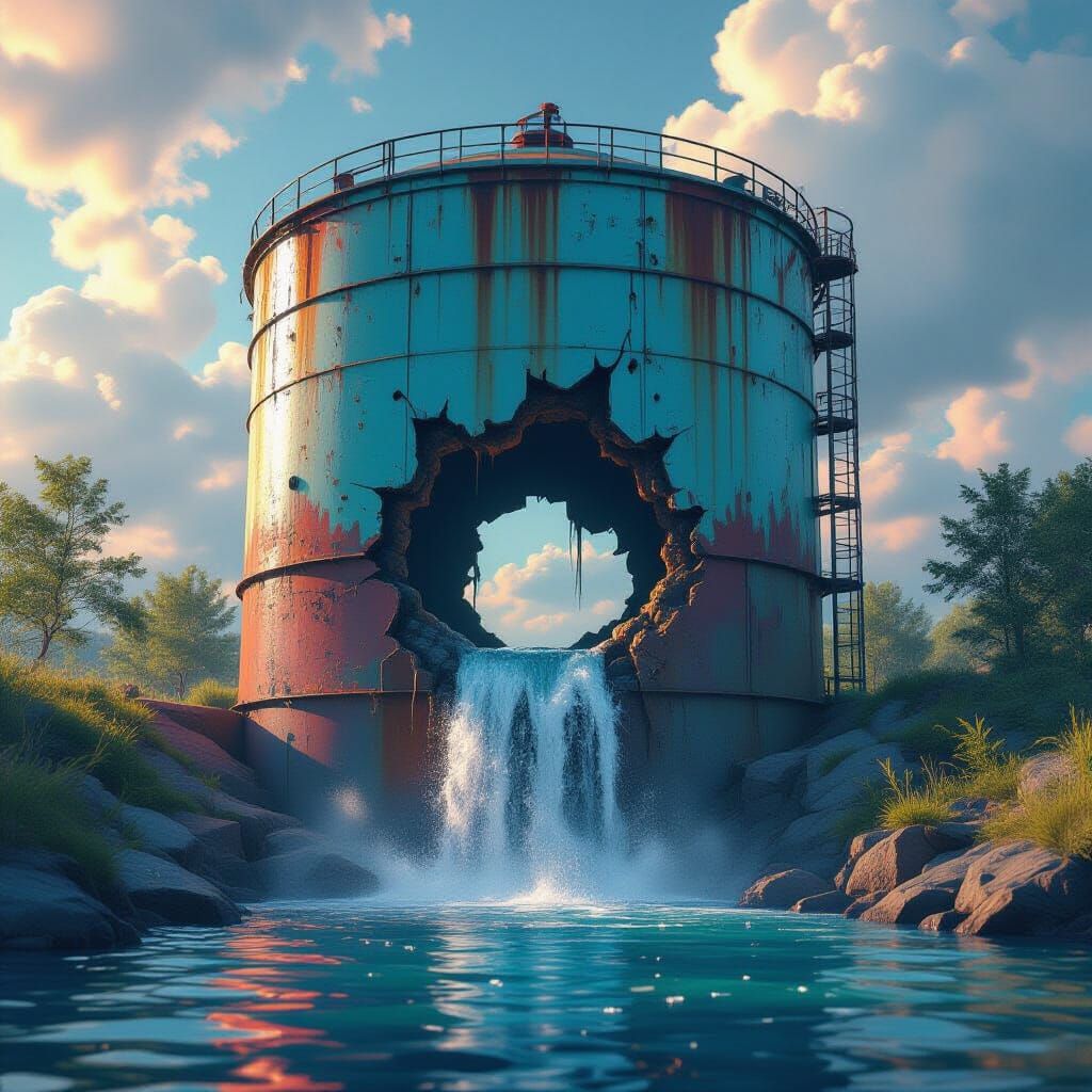 Water Tank Rupture Creates Waterfall, Atmospheric Concept Ar...