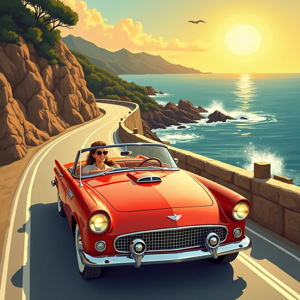 Vintage Convertible on Coastal Highway at Sunset