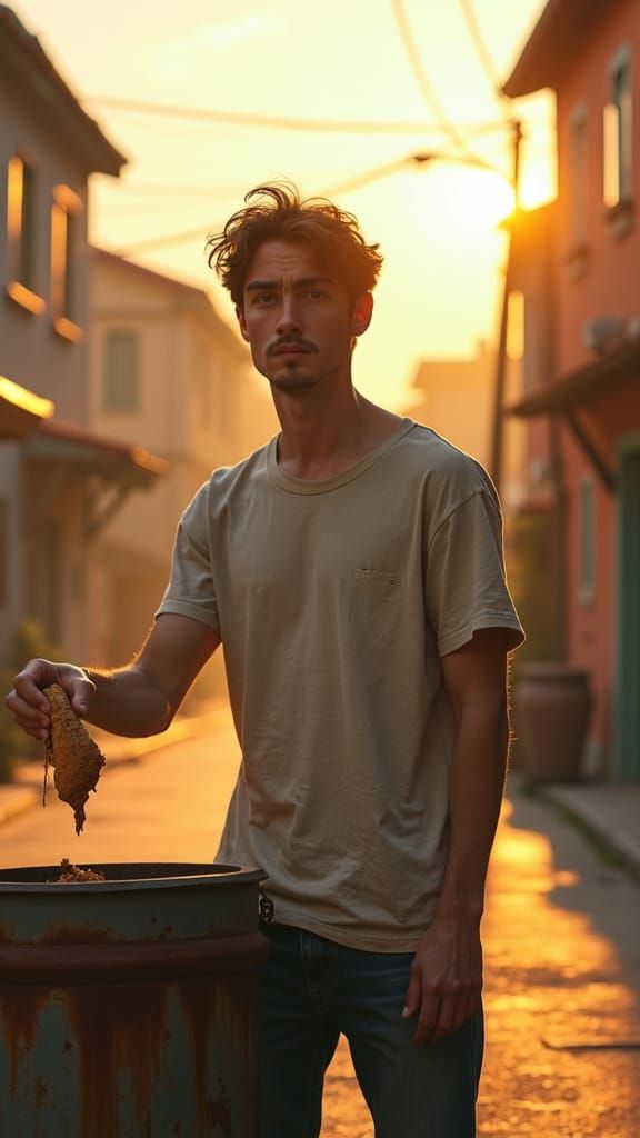 Young Man Throwing Bread in Small Town: Hyperrealistic Art