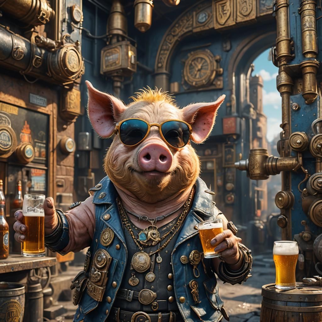 Punk Pig with Beer in Detailed Matte Painting