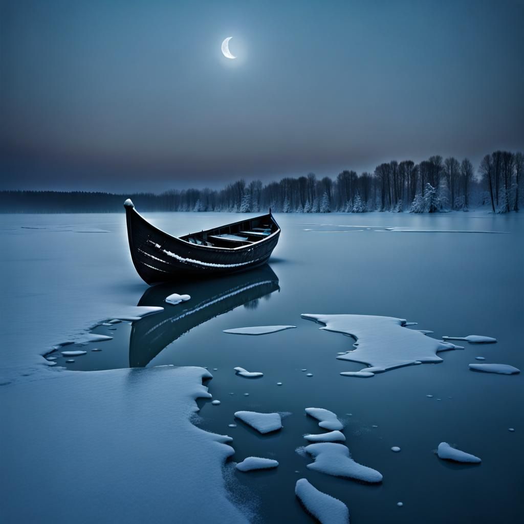 Frozen Lake: Ancient Boat Under a Wicked Moon
