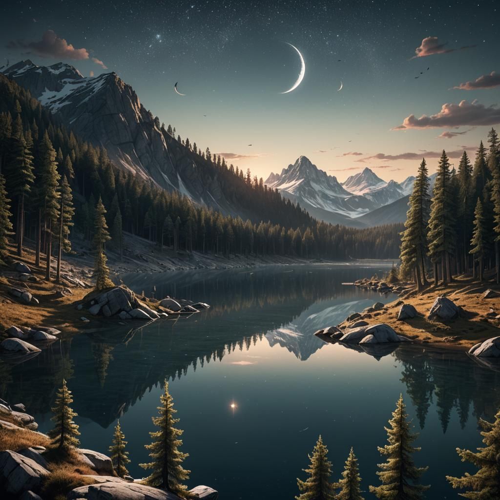 Mountain Lake Under Crescent Moon, Digital Matte Painting