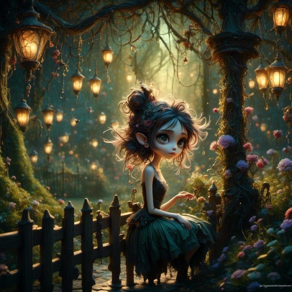 Ethereal Steampunk Glamping Scene in Warped Forest