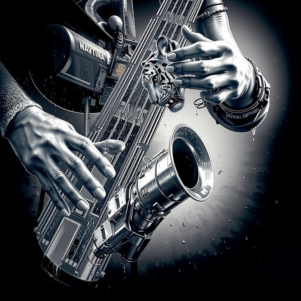 Majestic Tiger With Luminous Instrument on Neon Street