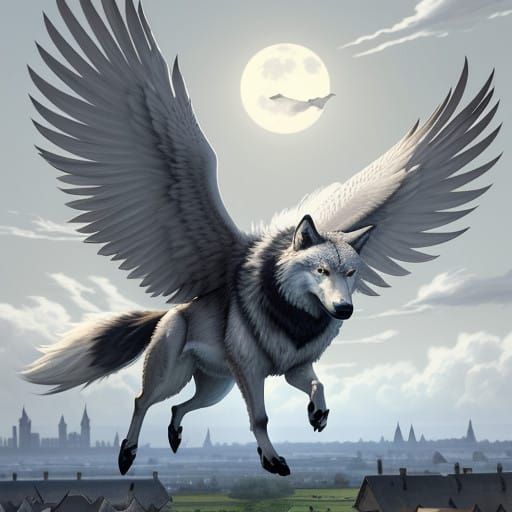 Wolf with Gooselike Wings Soars Over Fantasy Orchard Landsca...
