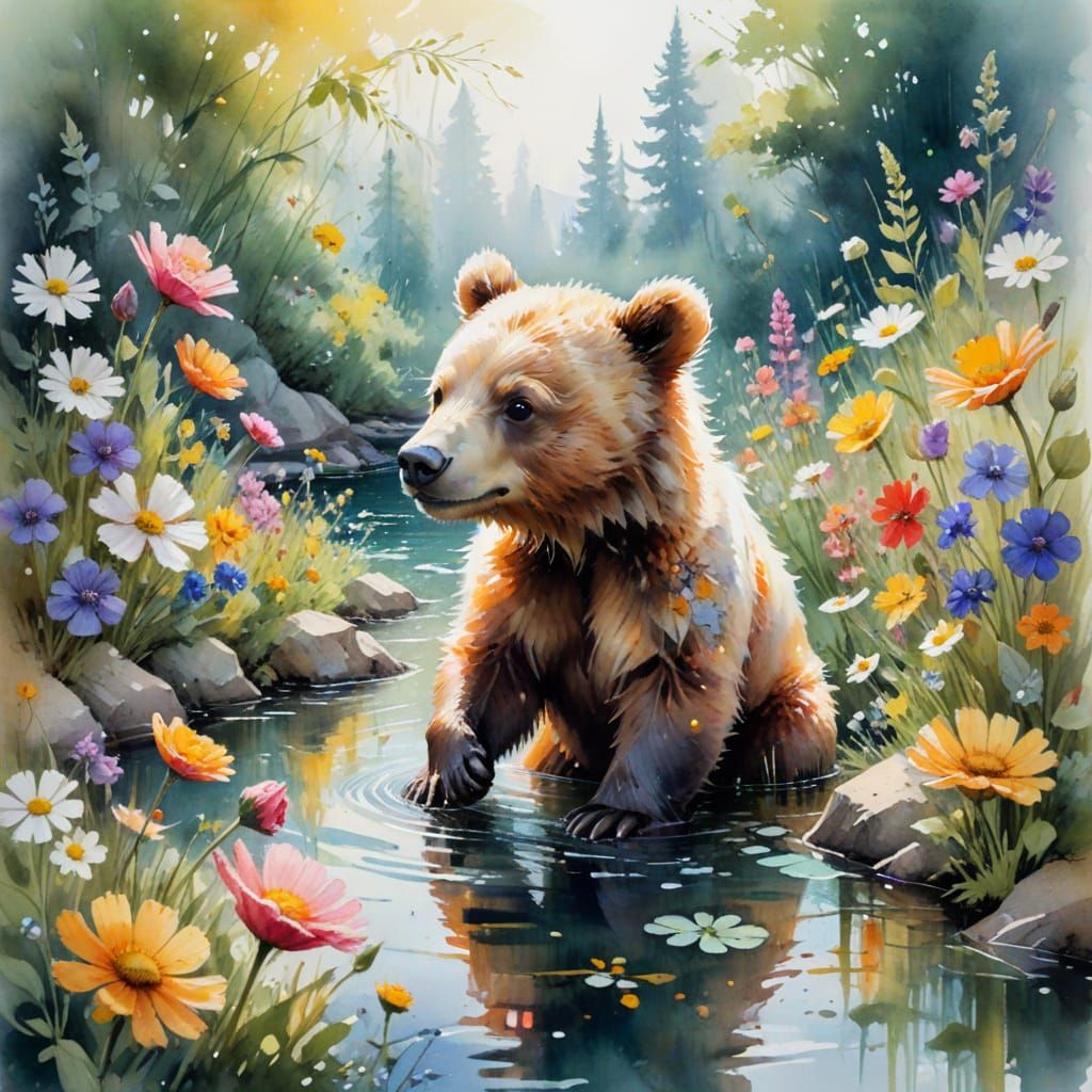 Vibrant Watercolor Garden Scene with Playful Mini Baby Bear