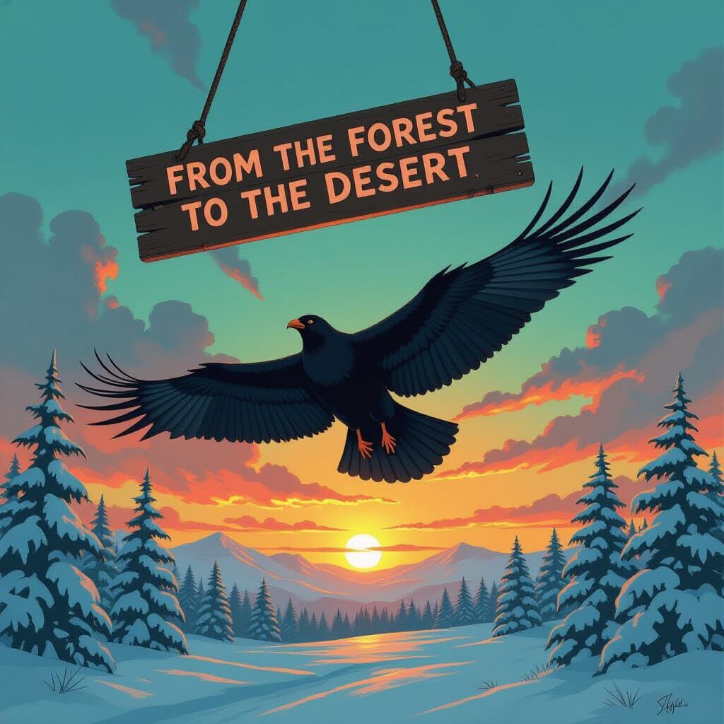 Raven Soaring at Sunset: Digital Painting Style