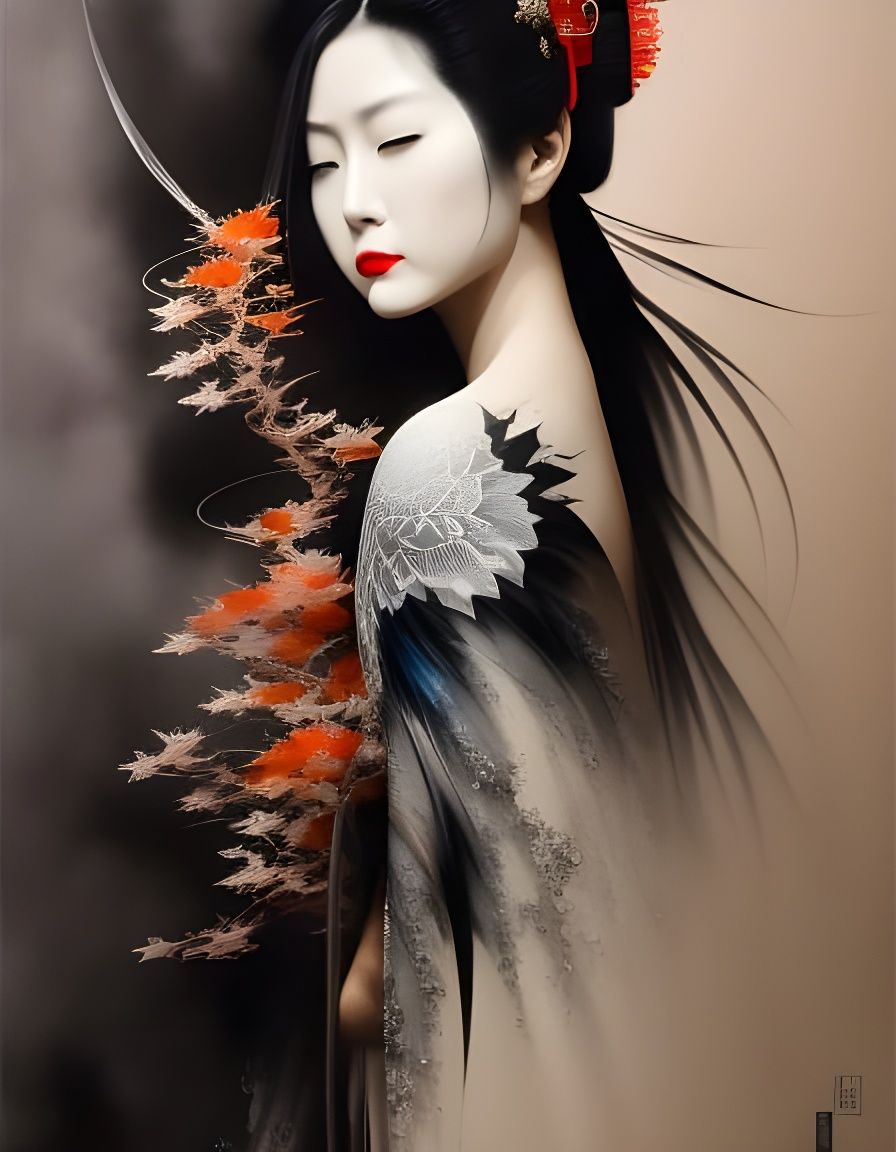 Elegant Geisha with Black Ink Flow