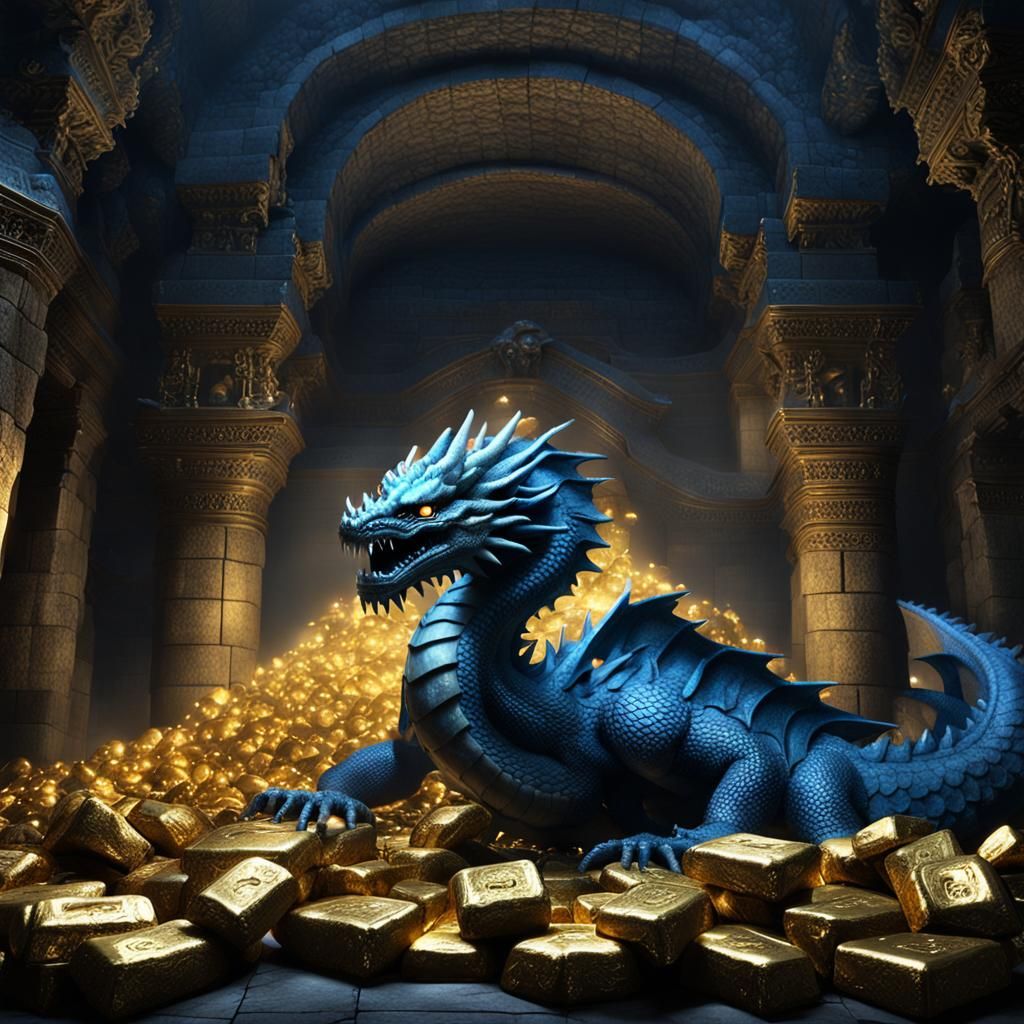 Blue Dragon Watching Over Treasure Pile