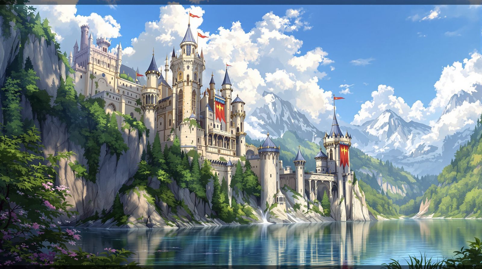 Fantasy Medieval Castle on Rocky Cliff Overlooking Lake