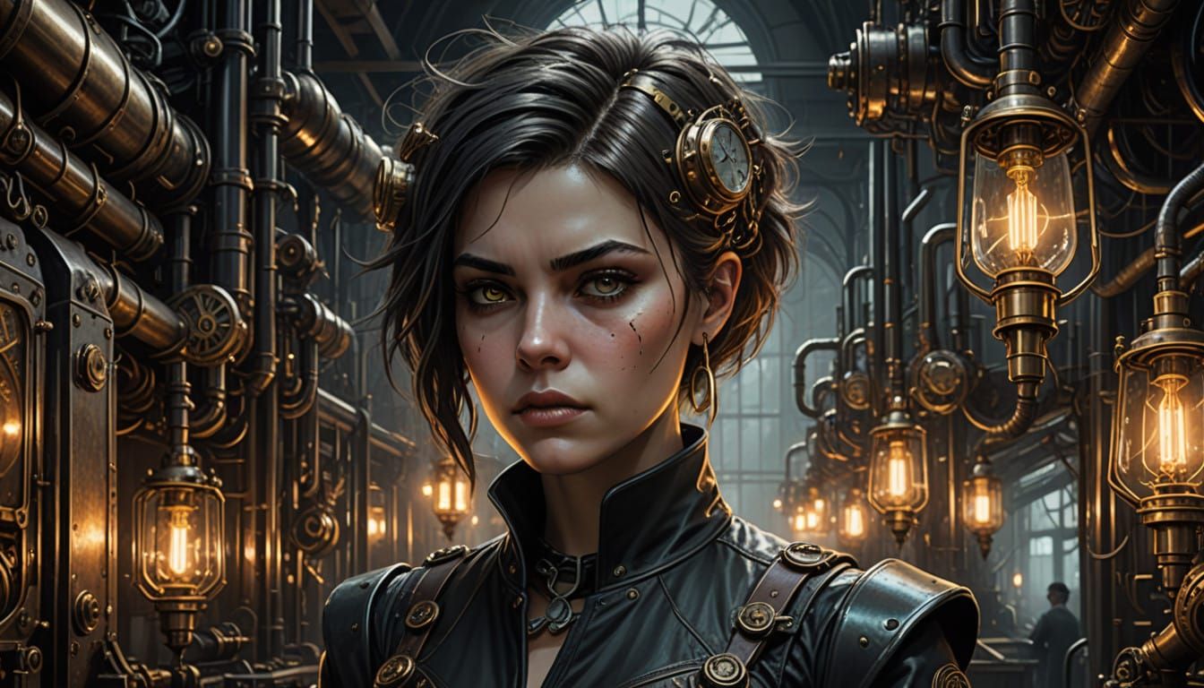 Elegant Steampunk Goddess Amidst Industrial Cyberpunk Machin...