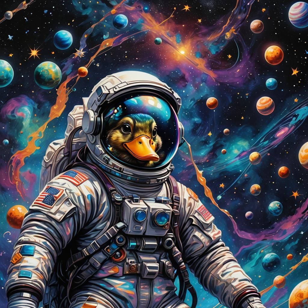 Astronaut Duck in Space: A Mixed Media Illustration