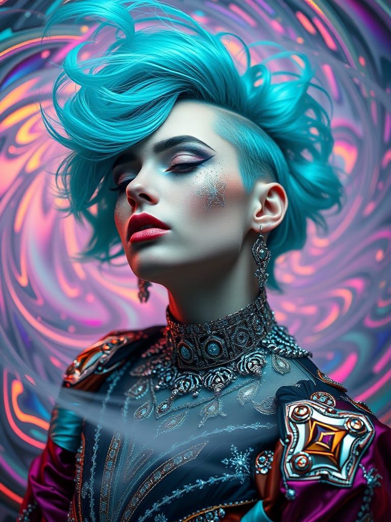 Surreal Avant-Garde Figure with Neon Aqua Hair and Glitterin...