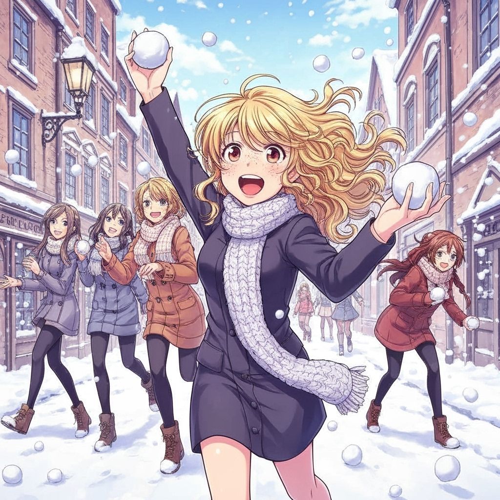 Joyful Girls Playing in Snowy European Streets