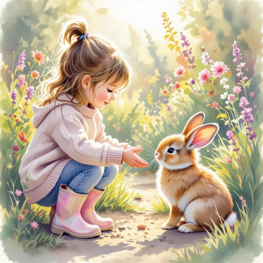 Watercolour Painting of Girl and Bunny in Garden