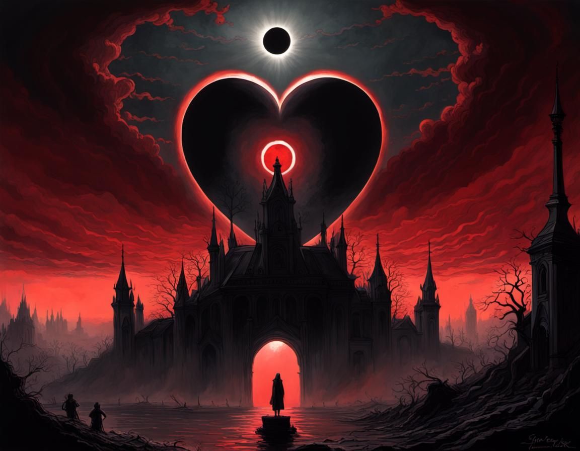 Heart-Shaped Total Solar Eclipse in Doré Style