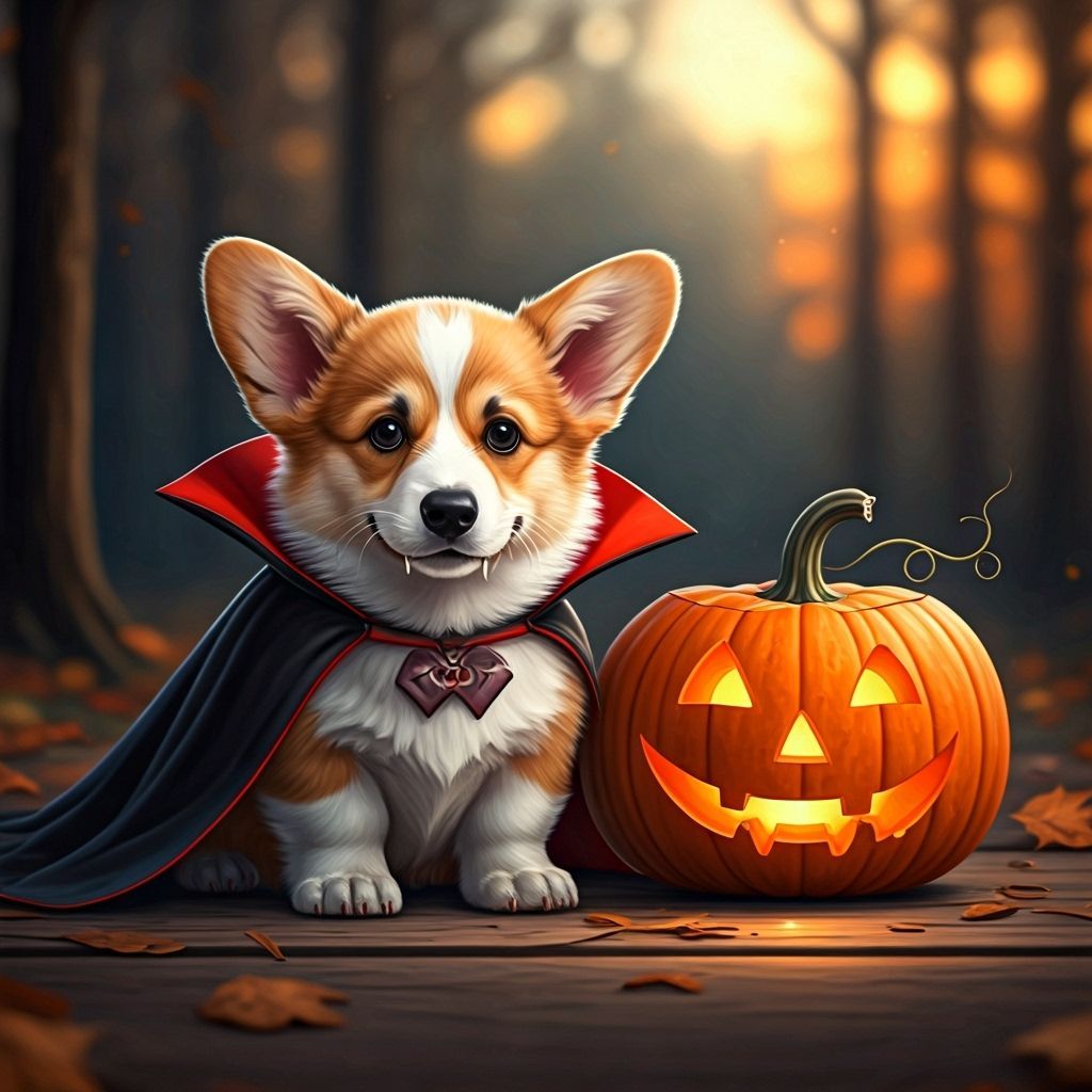 Corgi Vampire with Jack-o'-Lantern in Autumn Forest