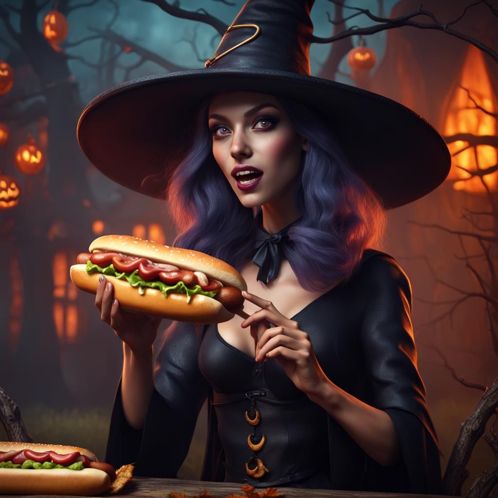 Whimsical Halloween Witch with Hotdog, Digital Painting