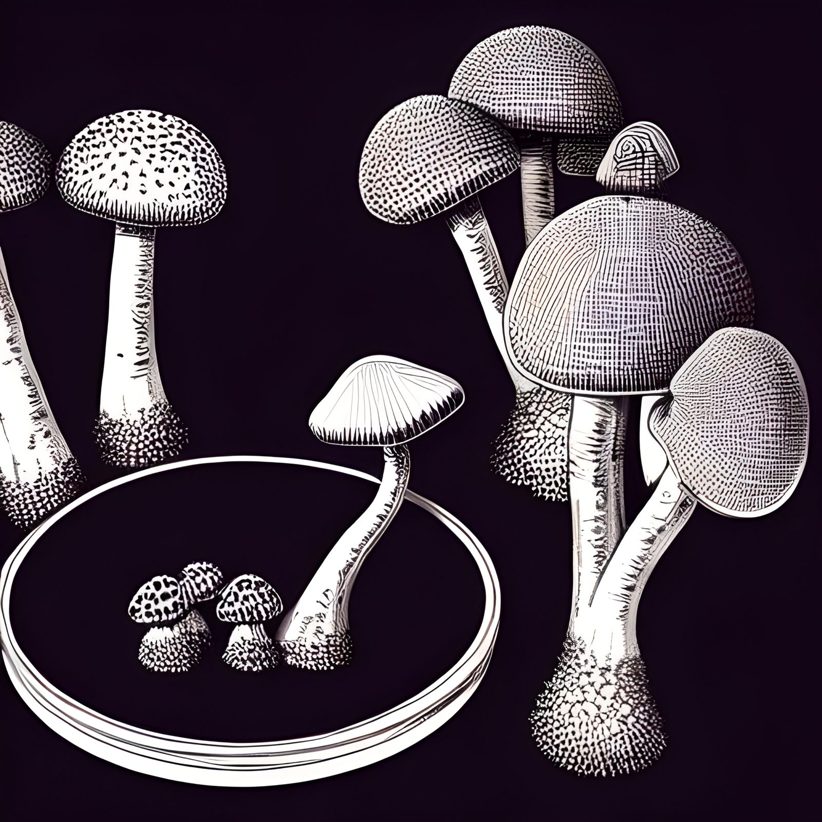 Fly Agaric Mushrooms in Glass Case: Linocut Style