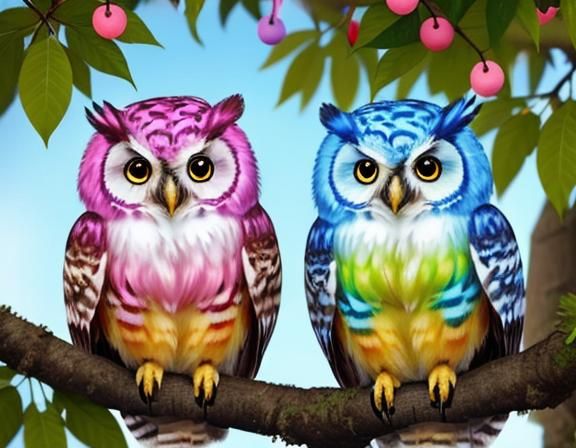 Colorful Fluffy Owls in a Tree
