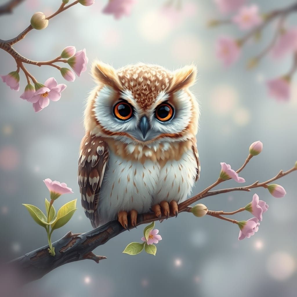 Whimsical Springtime Baby Owl in Ethereal Fantasy Style