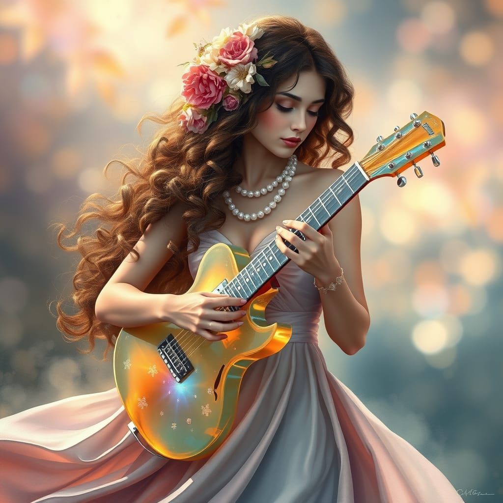 Ethereal Woman with Glass Guitar in Fantasy Style