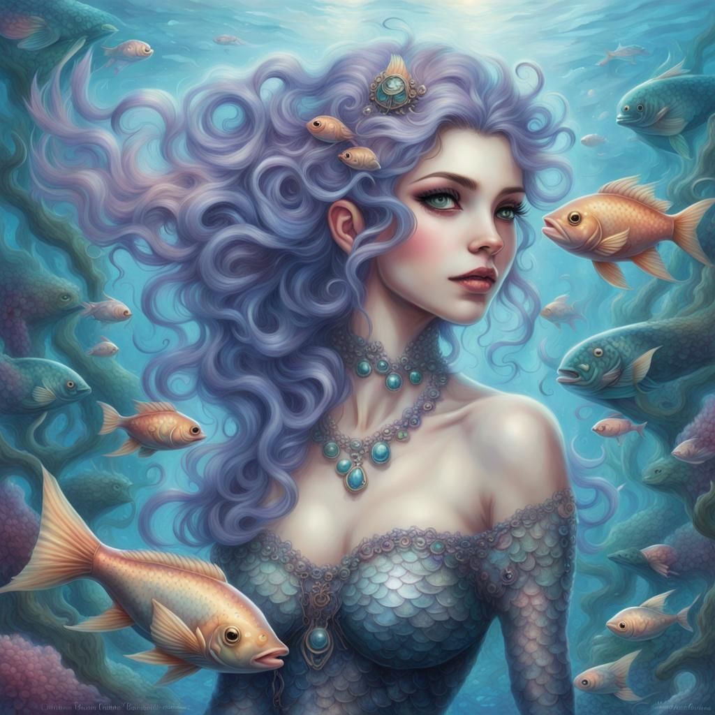 Kawaii Mermaid in Ocean, Pastel Goth Style