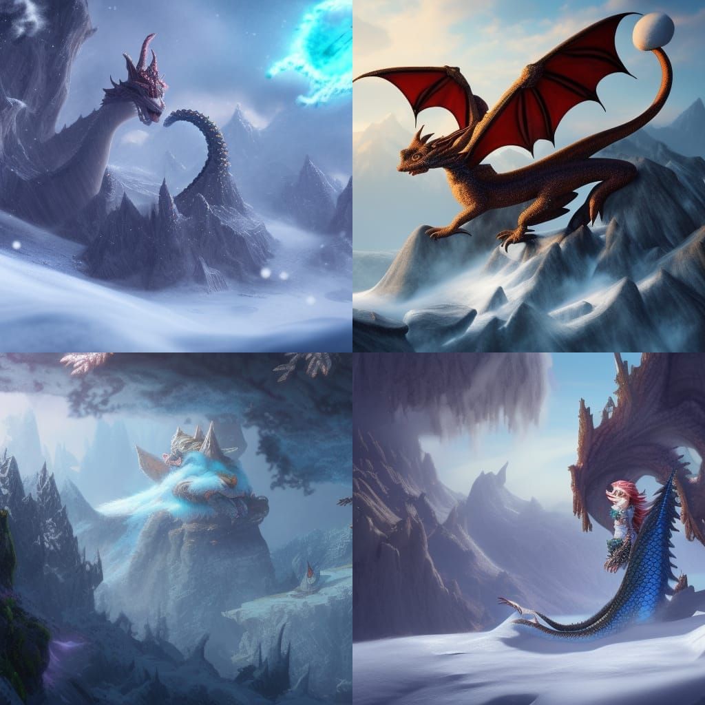 Fantastical Elf, Dwarf, and Dragon in Snowy Mountain Scene