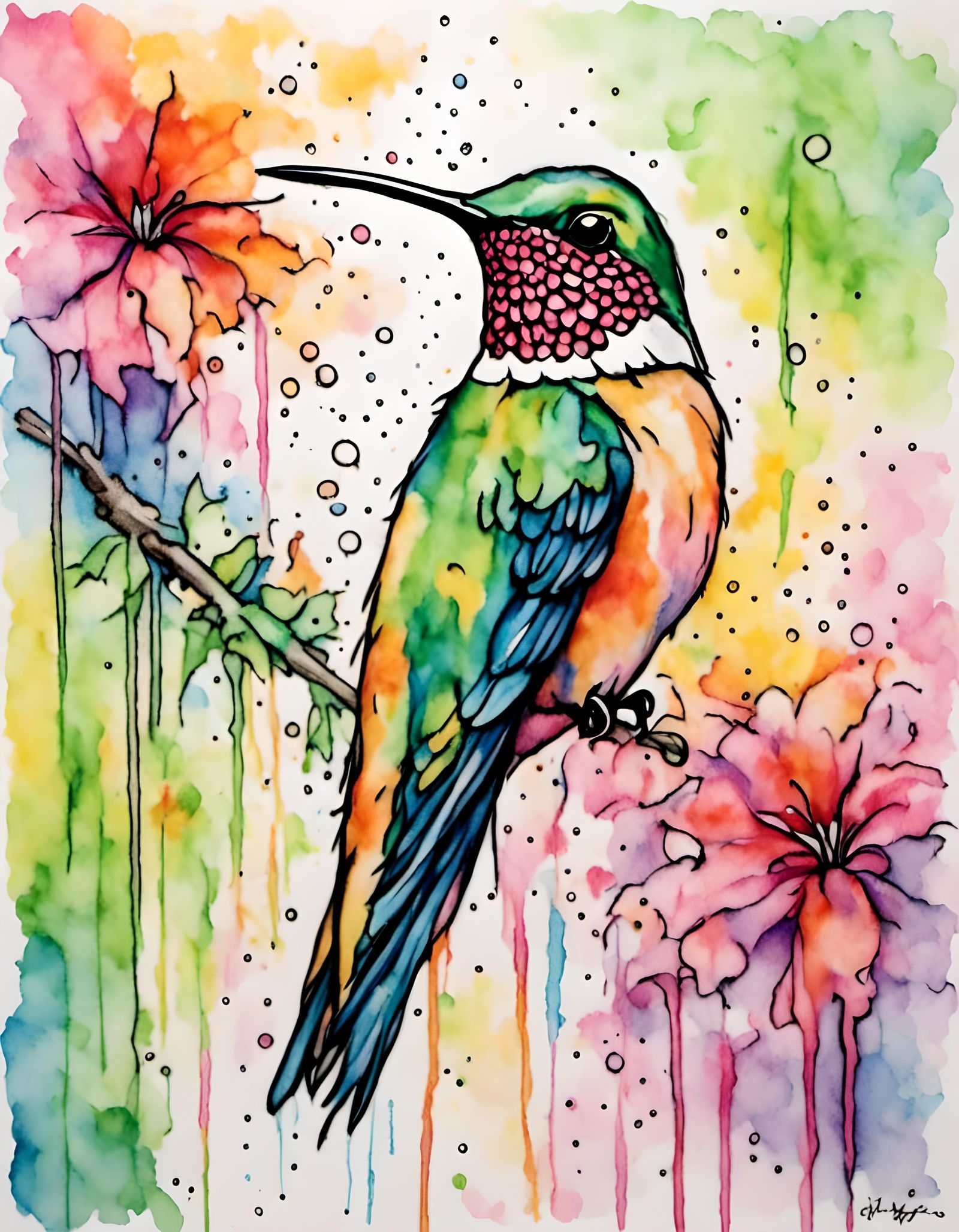 Hummingbird in Crayon Wax Style Flight