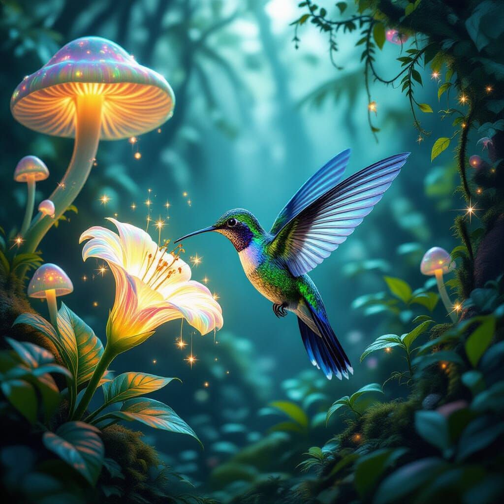 Bioluminescent Hummingbird in Alien Jungle Valley