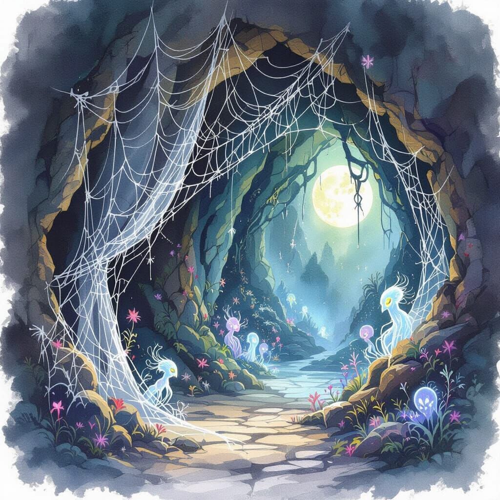 Moonlit Grotto Entrance with Ethereal Creatures