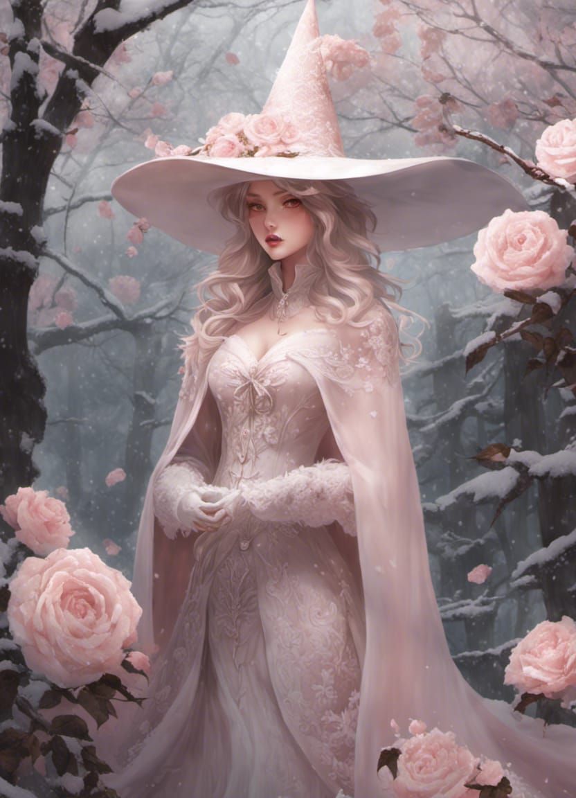 Winter Witch in Snowy Rose Garden, Digital Art