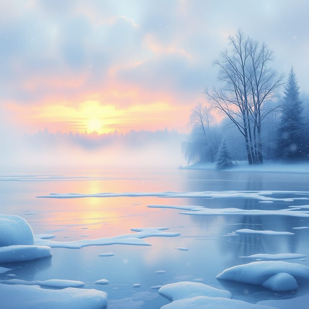 Majestic Winter Wonderland Unfolds on Frozen Lake in Soft Pa...