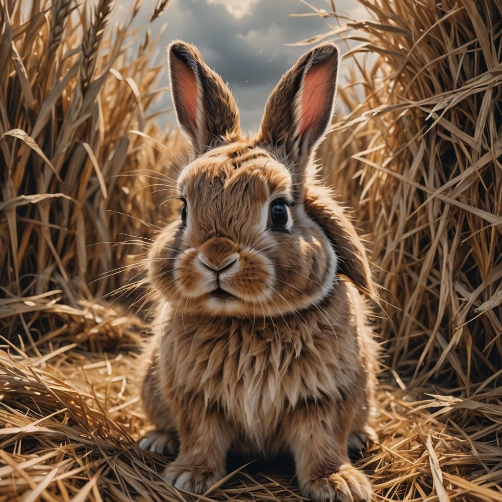 Tired Bunny Boxing Hay in Oil Painting Style