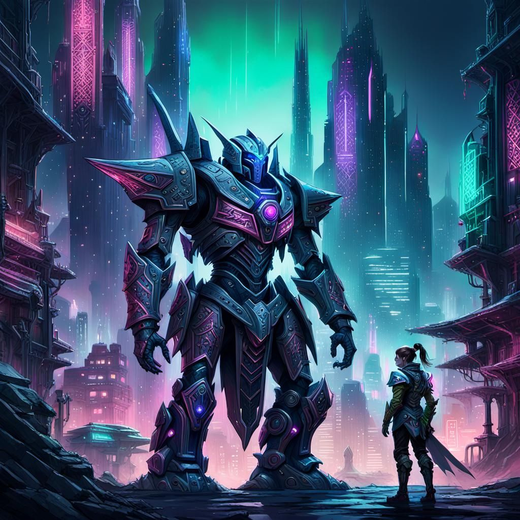 Elf Warrior vs Mech in Neon Cityscape